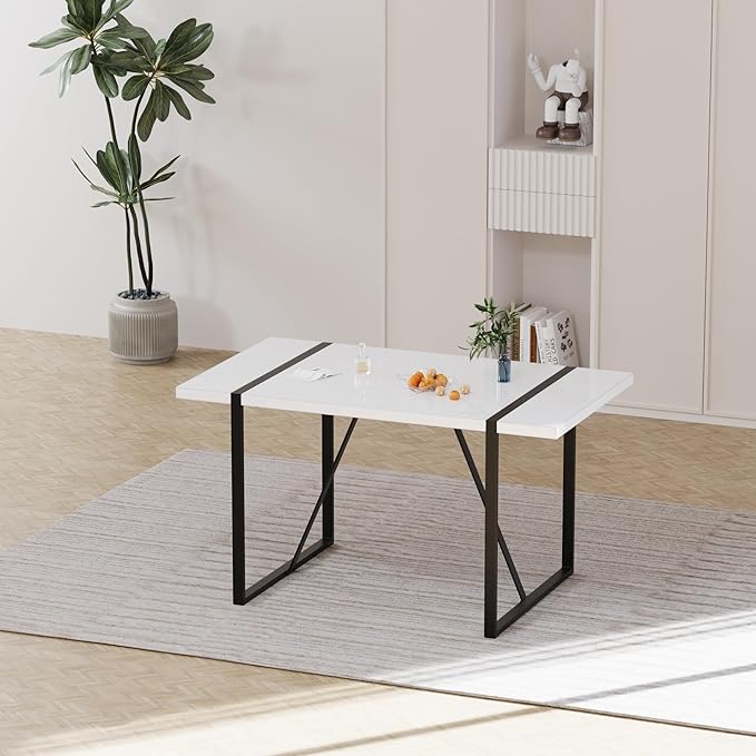 55" Stain-Resistant Dining Table, Kitchen Table with Metal Legs, Dinner Tables with Stable Frame for Dining Room & Living Space, White