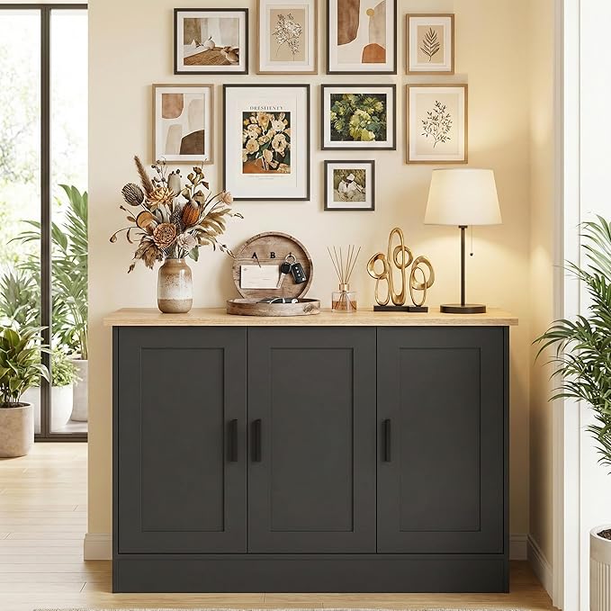 Anystyle 43" Black Buffet Cabinet with Black Handles, Small Kitchen Sideboard with 3 Doors & Adjustable Shelves, Modern Entryway Credenza & TV Console Table for Living Room, Dining Room