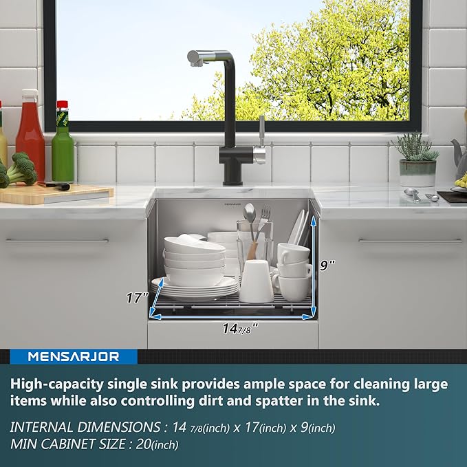 MENSARJOR Undermount Kitchen Sink, 304 Stainless Steel Round Corner Single Bowl Deep Kitchen Sinks, 10-inch Deep Large Bar Sink, 17"X19"Inch