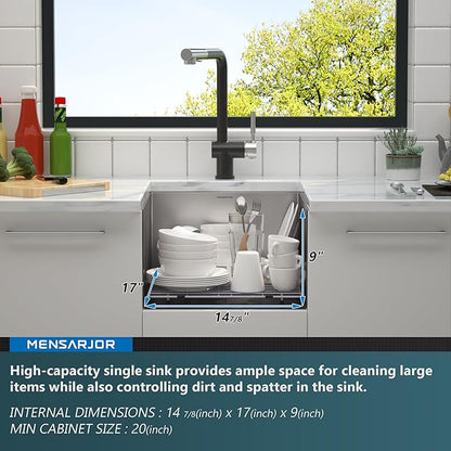 MENSARJOR Undermount Kitchen Sink, 304 Stainless Steel Round Corner Single Bowl Deep Kitchen Sinks, 10-inch Deep Large Bar Sink, 17"X19"Inch