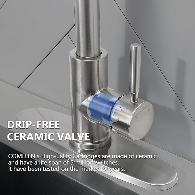 Comllen Kitchen Faucet with Pull Down Sprayers, Brushed Nickel Kitchen Faucets, Modern Pull Out Stainless Steel Kitchen Sink Faucet Single Handle Faucet Swivel Spout with Deck Plate
