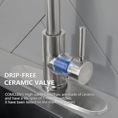 Comllen Kitchen Faucet with Pull Down Sprayers, Brushed Nickel Kitchen Faucets, Modern Pull Out Stainless Steel Kitchen Sink Faucet Single Handle Faucet Swivel Spout with Deck Plate