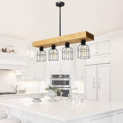 Elegant Designs CH1001-LWD 4 Light Rustic Farmhouse Industrial Wired Cage Pendant Island Light Chandelier, Light Wood