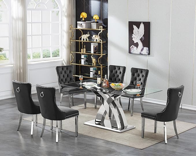 70" Glass Dining Table for 6-8, Modern Dining Room Table with 0.39" Tempered Glass Top and X-Shaped Silver Stainless Steel Base, Rectangle Kitchen Dinner Table
