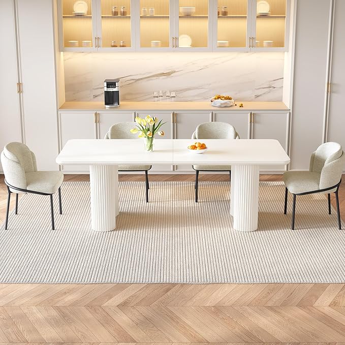 Miuuod 78.97" Extra Large Kitchen & Dining Table Set,with 6 Chairs,Modern Kitchen Table for Dining Room,Table-Island for Big Family,Console Desk with 6 Upholstered Chairs,Cream White