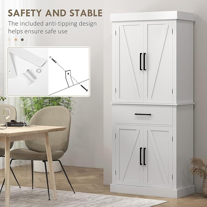 72" H Farmhouse Kitchen Pantry, Freestanding Storage Cabinet with 4 Barn Doors, Drawer, 5-Tier Shelf and Adjustable Shelves, White, Easy to Maintain, for Dining Room