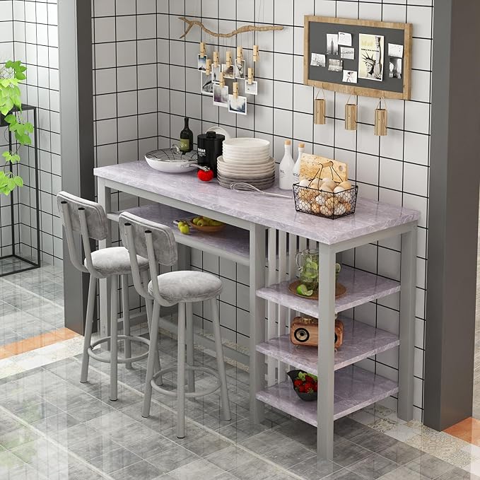 Lamerge Furniture Kitchen Bar Height Table and Chairs for 2, 5-Tier Compact Dining Room Table, Gray Top and 2 PU Leather Upholstered Seat Black Frame, Modern Dining Set for Home & Office