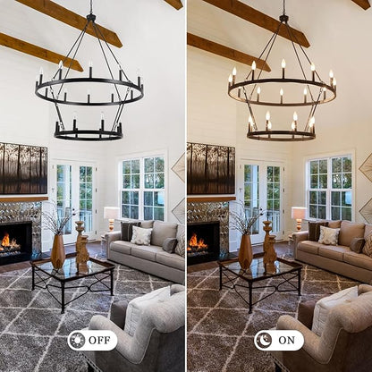 Black Wagon Wheel Chandelier 2 Tier 20-Lights 40 Inch Extra Large Farmhouse Light Fixture Rustic Lighting Round Chandeliers for Dining Room Kitchen Island Foyer Entryway