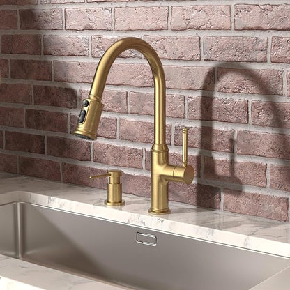 Lava Odoro Bronze Gold Kitchen Faucet with Pull Down Sprayer, Brushed Brass Kitchen Sink Faucet, Single Hole Kitchen Faucet with 3-Function Sprayer, Deck Plate Included, Spot-Free, 1.8 GPM, KF421-BB