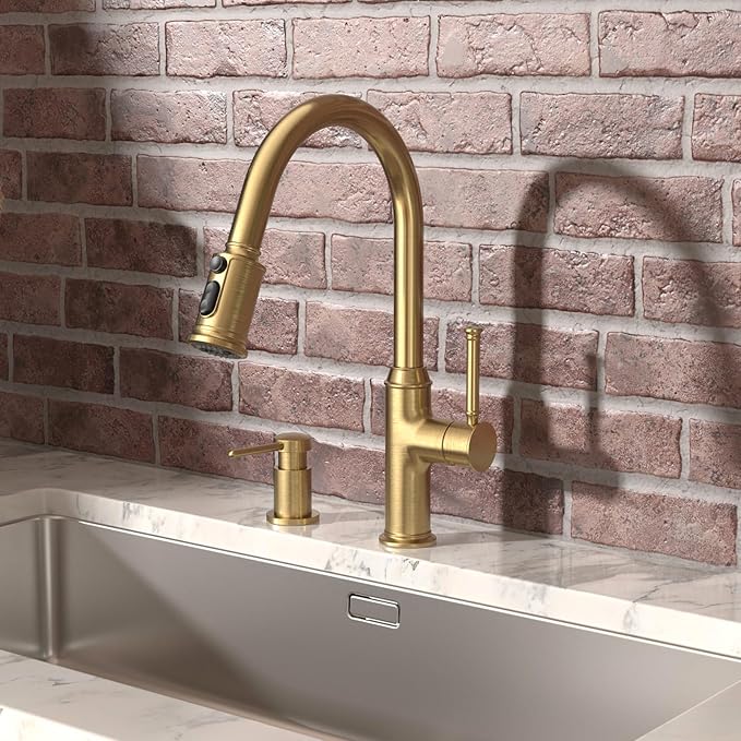 Lava Odoro Curtura Brushed Bronze Kitchen Faucet with Pull Down Sprayer, Gold Kitchen Sink Faucet with Magnetic Docking Spray 3-Function, Faucet for Kitchen Sink 1 Hole and 3 Hole, KF421-BB-M
