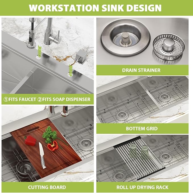 39-inch Drop In Kitchen Sink - Double Bowl 60/40 Multifunctional Workstation Large Kitchen Sink, 304 Stainless Steel 16 Gauge Above Counter Sinks for Kitchen with Mixing Bowl, 39''x22''x10''