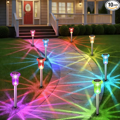 Eyrosa Solar Outdoor Lights, 10 Pack Solar Pathway Lights Outdoor Waterproof, Stainless Steel Stake Lighting for Garden Yard Path Walkway Driveway Patio Lawn Outside Decor,Color Changing