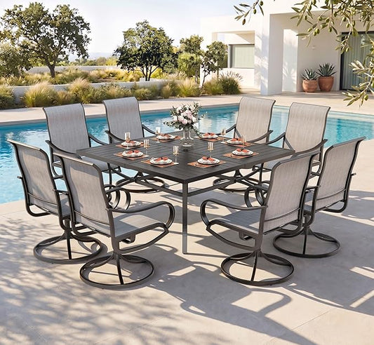 PHI VILLA 9 Piece Outdoor Patio Dining Set, Large Square Metal Dining Table and 8 Outdoor Swivel Dining Chairs, Patio Table and Gray Chair Furniture Dining Set for 8 Person