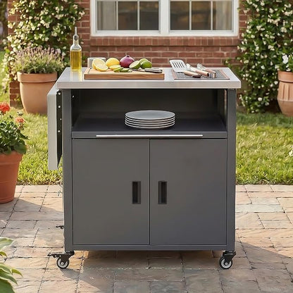 JIJIWANG 73.8" Outdoor Kitchen Island with Stainless Steel Top and Foldable Table, Kitchen Island with Trash and Spice Rack, BBQ Cart with Wheels for Backyard, Patio, Gray