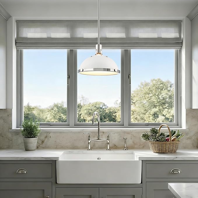 12.7 Inch White and Nickel Modern Pendant Lights, Mid Century Dome Kitchen Island Pendant Lighting, 1-Light Small Ceiling Hanging Light Fixture with Opal Glass Diffuser, Over Sink Table Bar