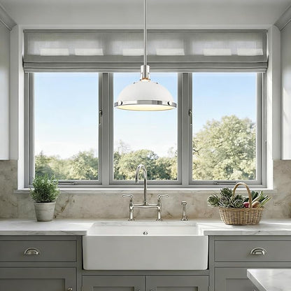 12.7 Inch White and Nickel Modern Pendant Lights, Mid Century Dome Kitchen Island Pendant Lighting, 1-Light Small Ceiling Hanging Light Fixture with Opal Glass Diffuser, Over Sink Table Bar
