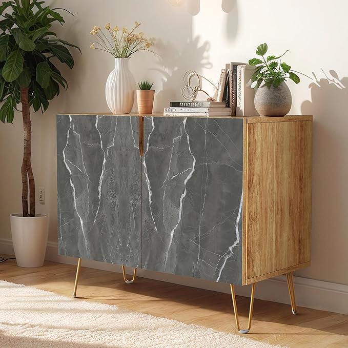 SIGNWIN Sideboard Buffet Cabinet, Kitchen Storage Cabinet with 2 Doors, Dark Gray Stonewash Marble Pattern, Cupboard Console Table for Dining Room - 35" L x 18" W x 29" H