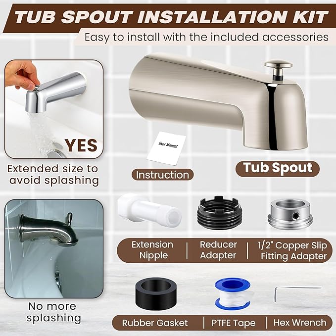 Dreyoo 7 Inch Tub Spout (Universal Fits 1/2" Copper Pipe, 1/2" IPS and 3/4" IPS), Bathroom Bathtub Faucet with Adapters and Hex Wrench(Brushed Nickel,With Diverter)