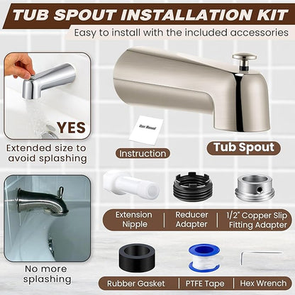 Dreyoo 7 Inch Tub Spout (Universal Fits 1/2" Copper Pipe, 1/2" IPS and 3/4" IPS), Bathroom Bathtub Faucet with Adapters and Hex Wrench(Brushed Nickel,With Diverter)