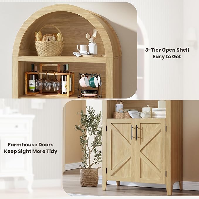 IDEALHOUSE Arched Kitchen Pantry Cabinet with Doors - 5-Tier Open Display Shelf with Nice Texture, Farmhouse Storage Cabinet for Kitchen, Dining Room, Living Room, Natural