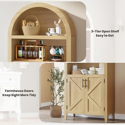 IDEALHOUSE Arched Kitchen Pantry Cabinet with Doors - 5-Tier Open Display Shelf with Nice Texture, Farmhouse Storage Cabinet for Kitchen, Dining Room, Living Room, Natural