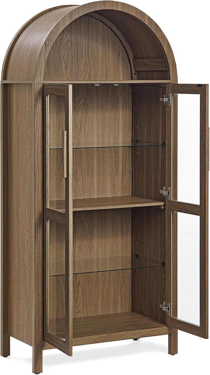 Ball & Cast 67" Tall Arched Kitchen Pantry Cabinet with Lamp, Modern Wooden Storage Cabinet with Glass Doors & Adjustable Shelves,Versatile Display Cabinet for Kitchen, Living Room,Dining Room,Brown