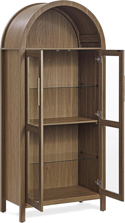 Ball & Cast 67" Tall Arched Kitchen Pantry Cabinet with Lamp, Modern Wooden Storage Cabinet with Glass Doors & Adjustable Shelves,Versatile Display Cabinet for Kitchen, Living Room,Dining Room,Brown