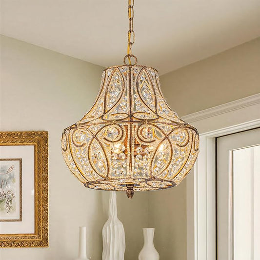 4-Light Antique Gold Gourd Beaded Chandelier, 13" Vintage Crystal Pendant Lighting Fixture for Dining Room, Living Room, Kitchen Island, Bedroom