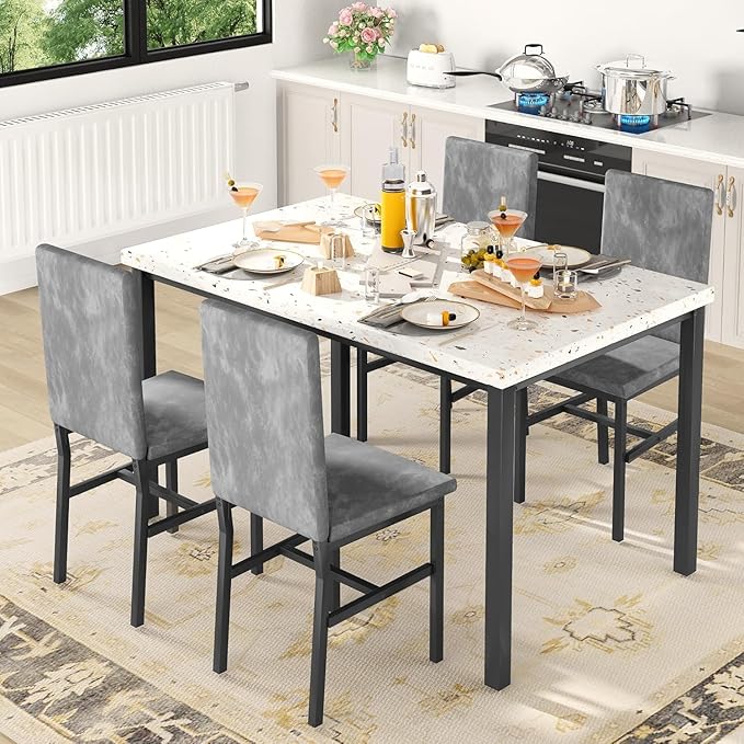 tantohom Dining Table Set for 4, 5-Piece Faux Marble Dining Set,4 Upholstered Velvet Chairs, Modern Kitchen Table Furniture for Dining Room, Dinette, Compact Space-Saving Faux Marble Tabletop, Grey