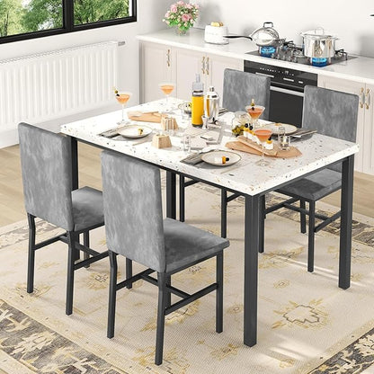 tantohom Dining Table Set for 4, 5-Piece Faux Marble Dining Set,4 Upholstered Velvet Chairs, Modern Kitchen Table Furniture for Dining Room, Dinette, Compact Space-Saving Faux Marble Tabletop, Grey