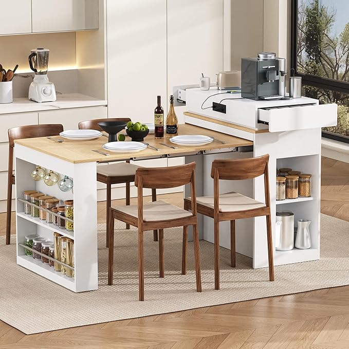 Extendable Dining Table with Folding Tabletop & Power Outlet, Modern Kitchen Island Sideboard with Wheels, Hidden Drawers & USB Charging, Sturdy Buffet Table for Small Spaces (Creamy White+Natural)