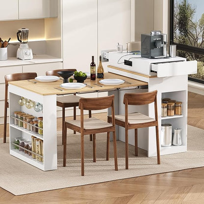 Kitchen Islands with Extendable Dining Table, Wheels and Hooks, Sideboard, Island Table with Double-Side Storage for Kitchen and Dining Room (Creamy White+Natural)