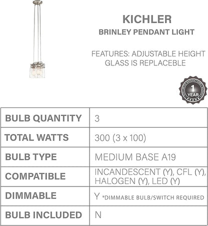 Kichler Brinley 7.75" 3 Light Pendant with Clear Glass Brushed Nickel