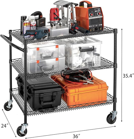 Finnhomy 3 Tier Heavy Duty Commercial Grade Utility Cart, Wire Rolling Cart with Handle Bar, Steel Service Cart with Wheels, Kitchen Carts on Wheels, Metal Cart Shelf Size 24" D x 36" W, NSF, Black