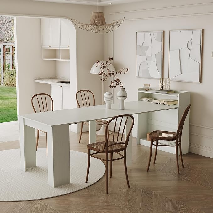 98.4" Wood Extendable Console Dining Table for 6 8 9, 3 in 1 Modern Farmhouse Rectangular Expandable Folding Dinner Table with Storage for Kitchen Dining Room Living Room, Small Space White