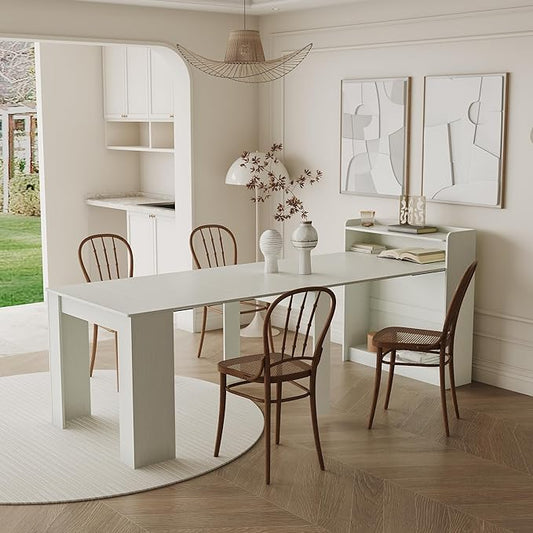 SOFTSEA Extendable Foldable Dining Room Table with Storage, Rustic Rectangle Expandable Kitchen Island, White