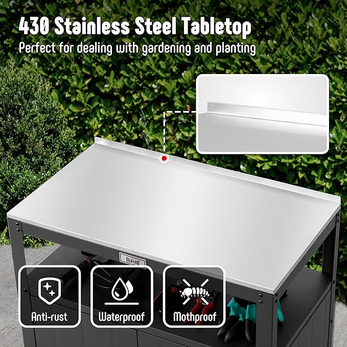 Feasto Garden Potting Bench with Storage, Outdoor Potting Table & Garden Work Bench for Plants, Horticulture, Outdoor Potting Station with Stainless Steel Tabletop, Outdoor Work Table