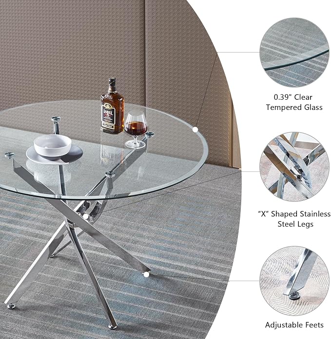 36" Glass Dining Table for 2-4, Modern Dining Room Table with 0.39" Tempered Glass Top and Cross X-Shaped Silver Stainless Steel Base, Round Kitchen Dinner Table for Dining Room