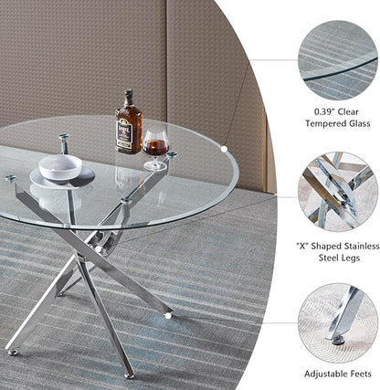 36" Glass Dining Table for 2-4, Modern Dining Room Table with 0.39" Tempered Glass Top and Cross X-Shaped Silver Stainless Steel Base, Round Kitchen Dinner Table for Dining Room
