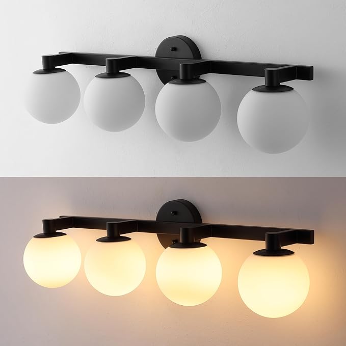 JONATHAN Y 34" Black/White Modern Globe LED Vanity Wall Sconce Light, White Frosted Glass Shade, Mid-Century Art Deco Wall Lamp for Bathroom, Kitchen, Hallway (JYL3543B)