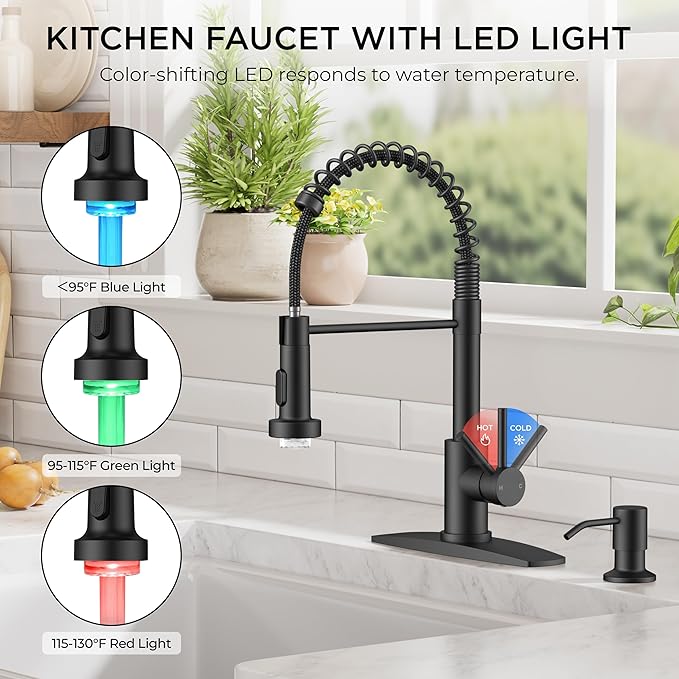 FORIOUS Black LED Kitchen Sink Faucet, Stainless Steel Kitchen Faucet with LED Light Sprayer, Commercial Transitional Single Handle Spring Faucet for Kitchen Sink, Bar & Prep Sinks, RV Camper