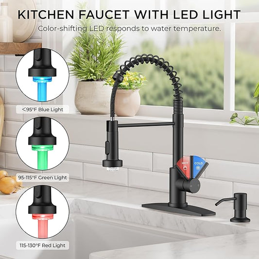 FORIOUS Black LED Kitchen Sink Faucet, Stainless Steel Kitchen Faucet with LED Light Sprayer, Commercial Transitional Single Handle Spring Faucet for Kitchen Sink, Bar & Prep Sinks, RV Camper