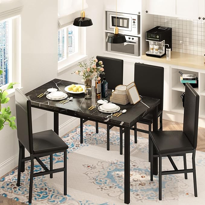 tantohom Dining Table Set for 4, 5-Piece Faux Marble Dining Set,4 Upholstered PU Chairs, Modern Kitchen Table Furniture for Dining Room, Dinette, Compact Space-Saving Faux Marble Tabletop, Black