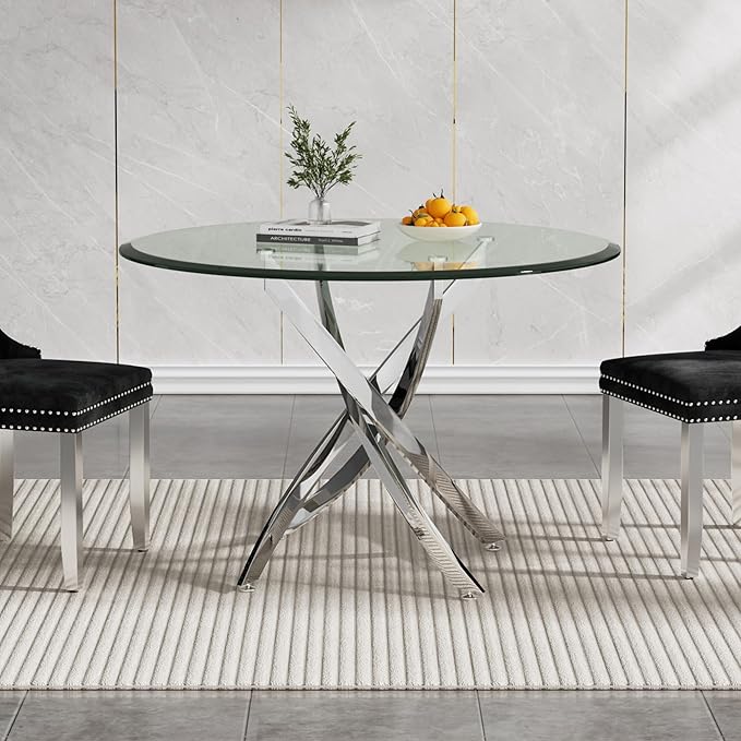 36" Glass Dining Table for 2-4, Modern Dining Room Table with 0.39" Tempered Glass Top and Cross X-Shaped Silver Stainless Steel Base, Round Kitchen Dinner Table for Dining Room