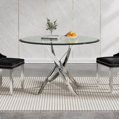 36" Glass Dining Table for 2-4, Modern Dining Room Table with 0.39" Tempered Glass Top and Cross X-Shaped Silver Stainless Steel Base, Round Kitchen Dinner Table for Dining Room