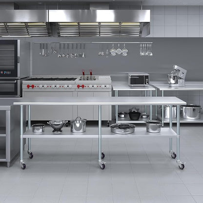 Stainless Steel Work Table with Wheels | NSF Kitchen Island Food Prep | Laundry Garage Utility Bench (Table + Wheels, 96" Long x 24" Deep)