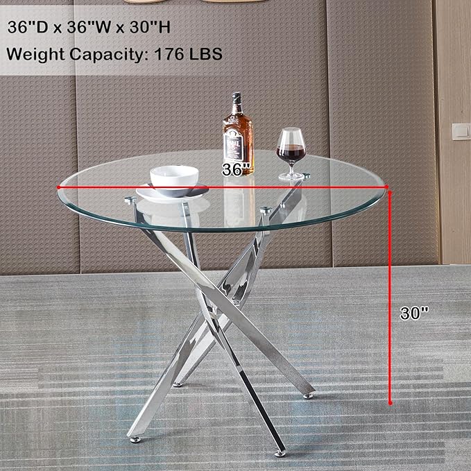 Modern Glass Dining Table Round Dining Room Table with Tempered Glass Top, Silver Stainless Steel Base Home Office Kitchen Dining Room Table Furniture, 36" D x 36" W x 30" H