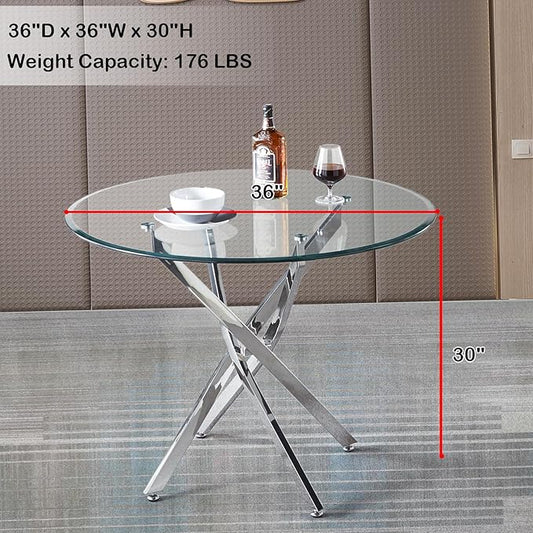 Modern Glass Dining Table Round Dining Room Table with Tempered Glass Top, Silver Stainless Steel Base Home Office Kitchen Dining Room Table Furniture, 36" D x 36" W x 30" H