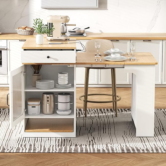 59.5" Kitchen Island with Extendable Dining Table, Double-Sided Storage, 2 Drawers, and Built-in Power Outlet, Black (White)