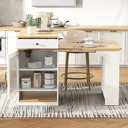Kitchen Island with Extendable Table, Extendable Wood Kitchen Storage Cabinet with 2 Drawers and Open Shelves, Foldable Storage Table with Power Outlet, White